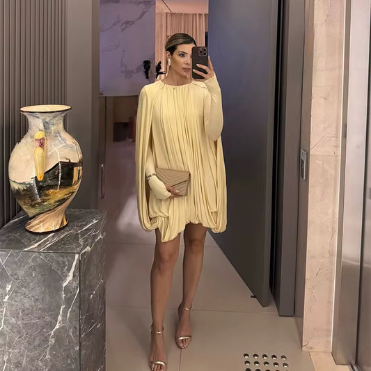 Golden Veil Pleated Cape Dress